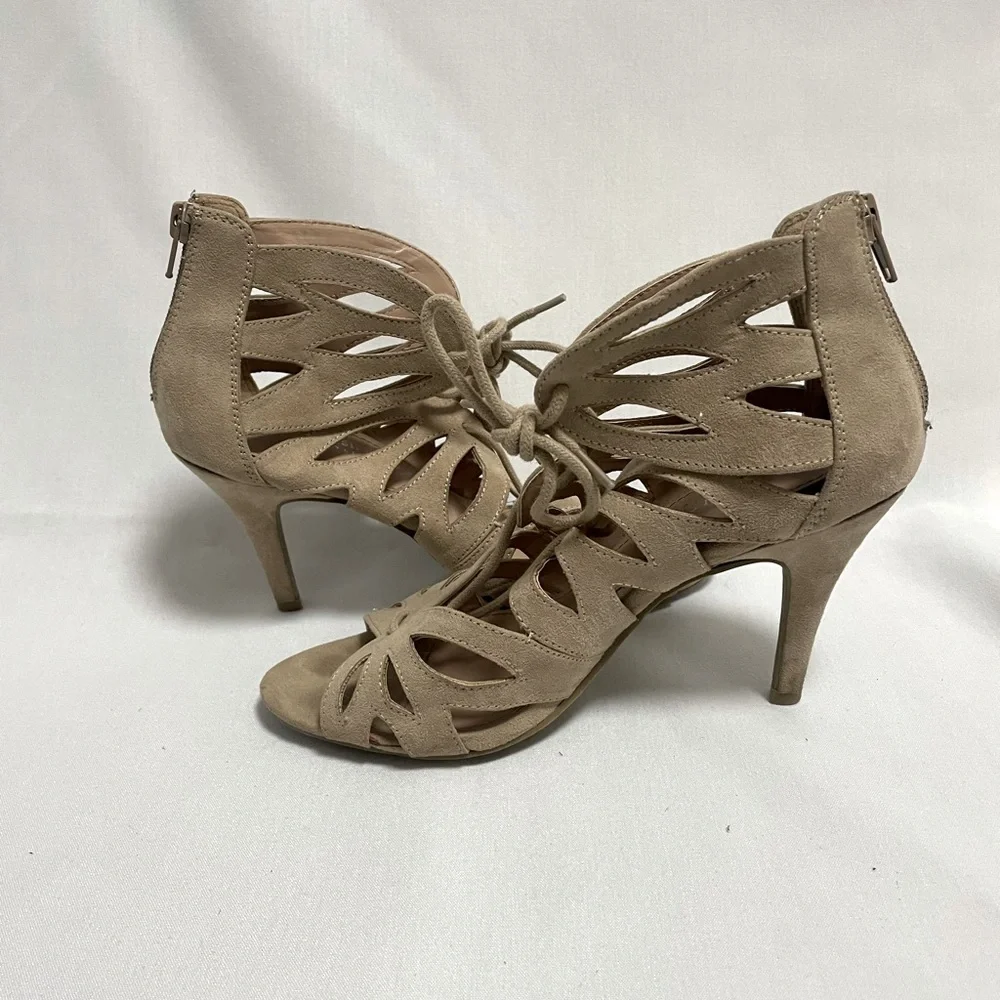 Tan Lace Up Heels - Picture 1 of 8